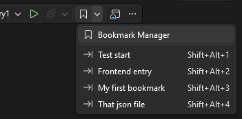Visual Studio toolbar menu listing numbered bookmarks for quick navigation.