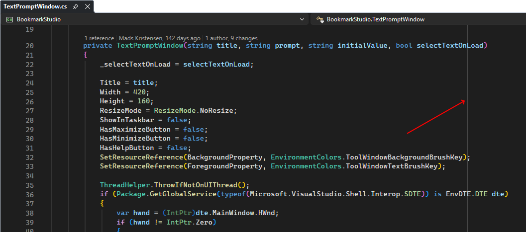 Visual Studio editor showing the Max Line Length vertical ruler.