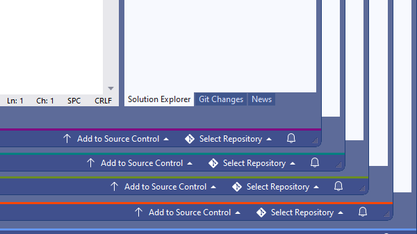Overlapping Visual Studio windows with purple, cyan, green, and orange bottom borders.